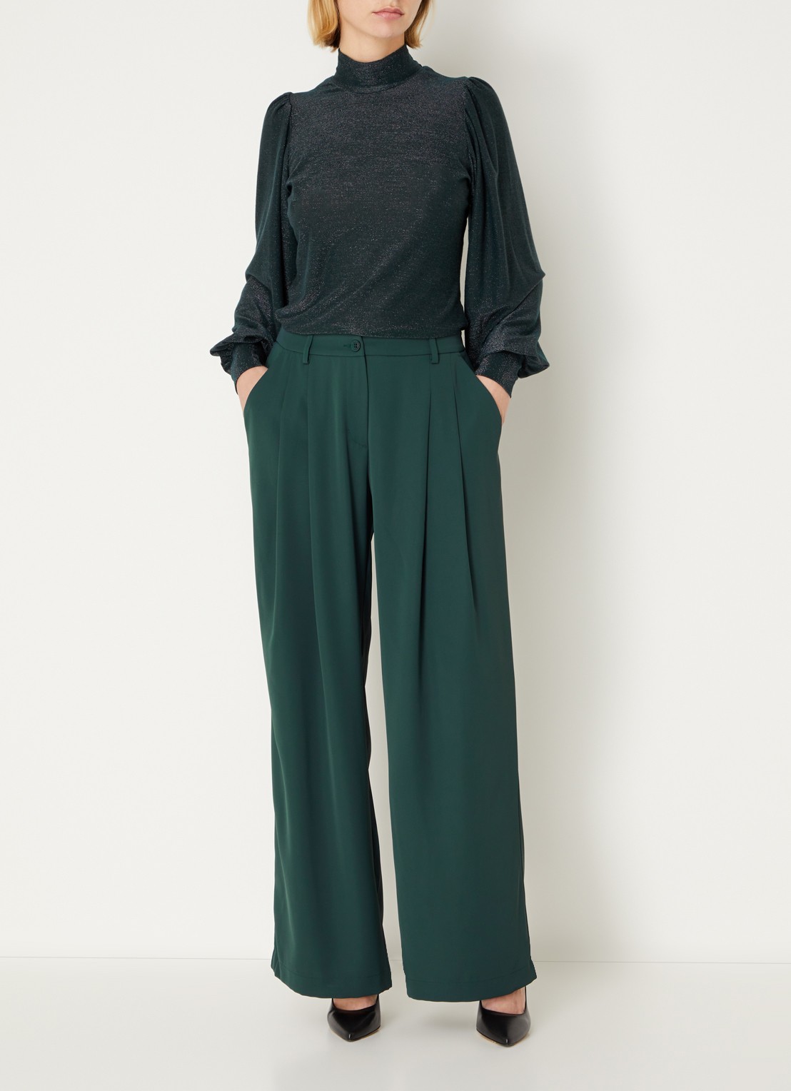 Summum High waist wide fit pantalon met steekzakken - voorkant 3 donkergroen