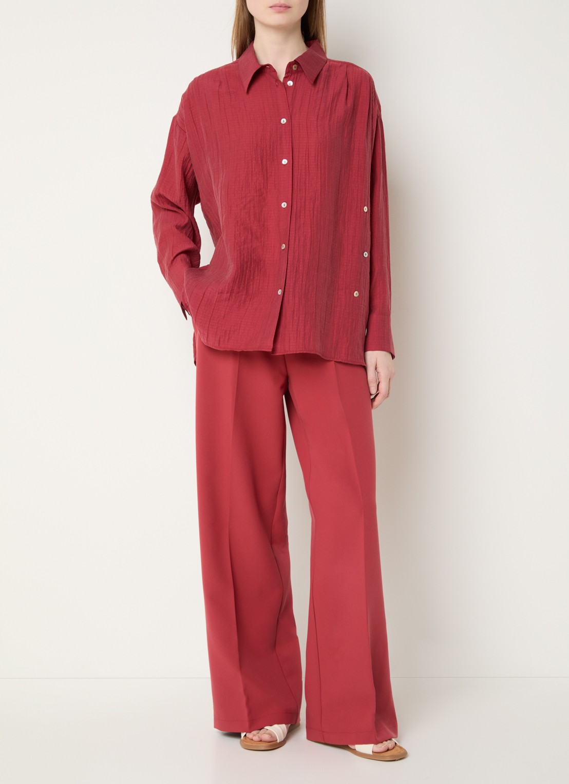 Summum High waist wide fit pantalon met steekzakken - voorkant 2 steenrood