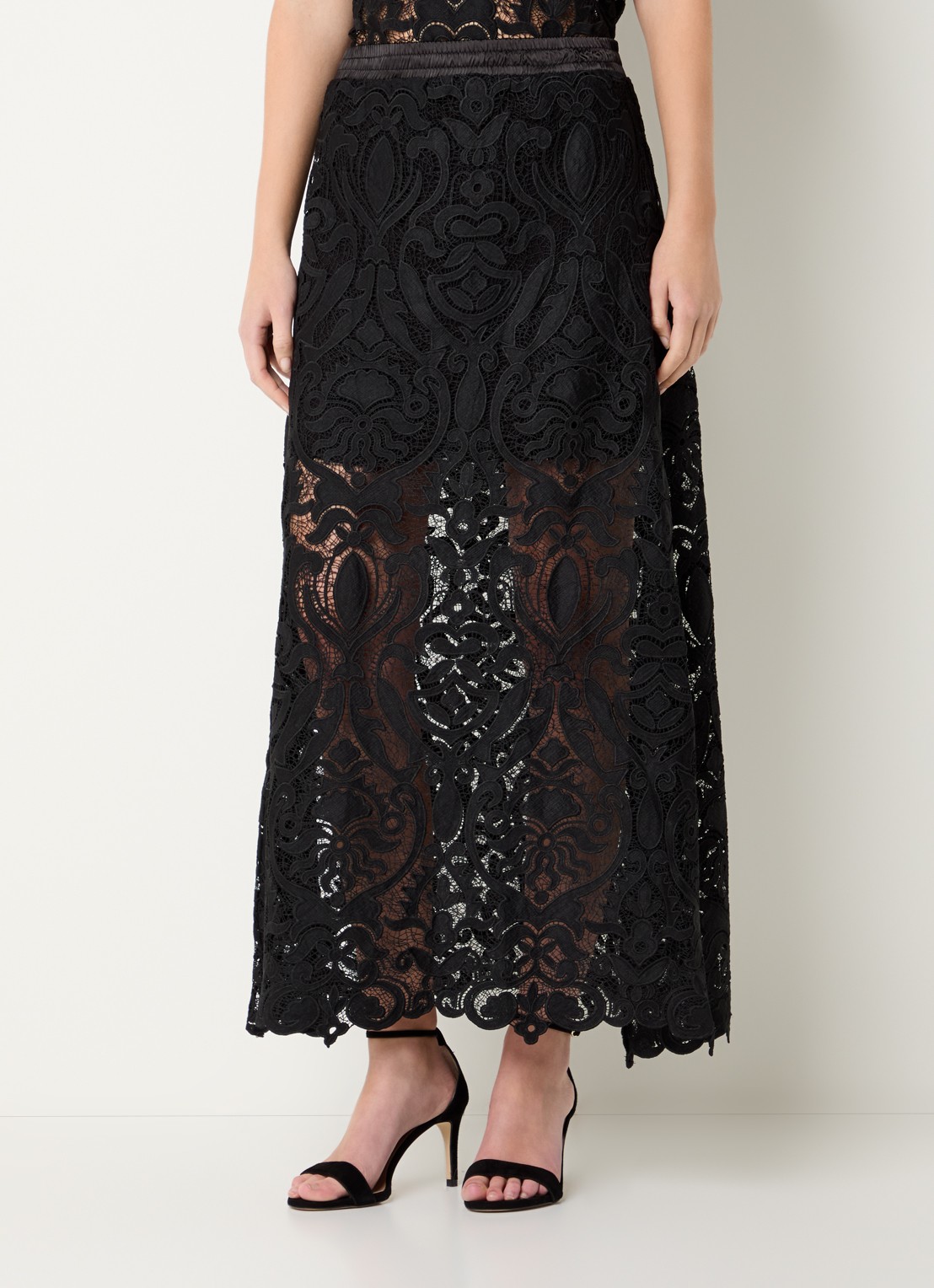 Summum Maxi A-lijn rok van kant met details van satijn - detail zwart