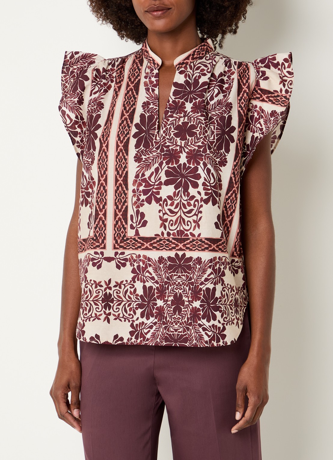 Summum Mouwloze tuniek met bloemenprint en volant - detail 3 aubergine