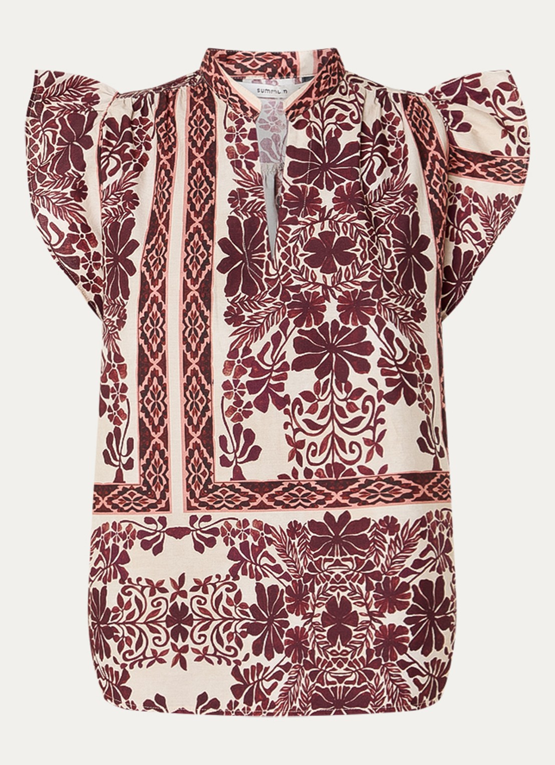Summum Mouwloze tuniek met bloemenprint en volant - voorkant aubergine