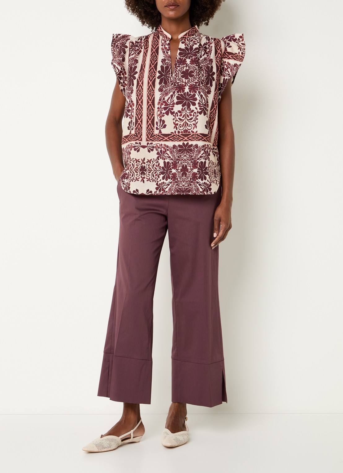 Summum Mouwloze tuniek met bloemenprint en volant - voorkant 2 aubergine