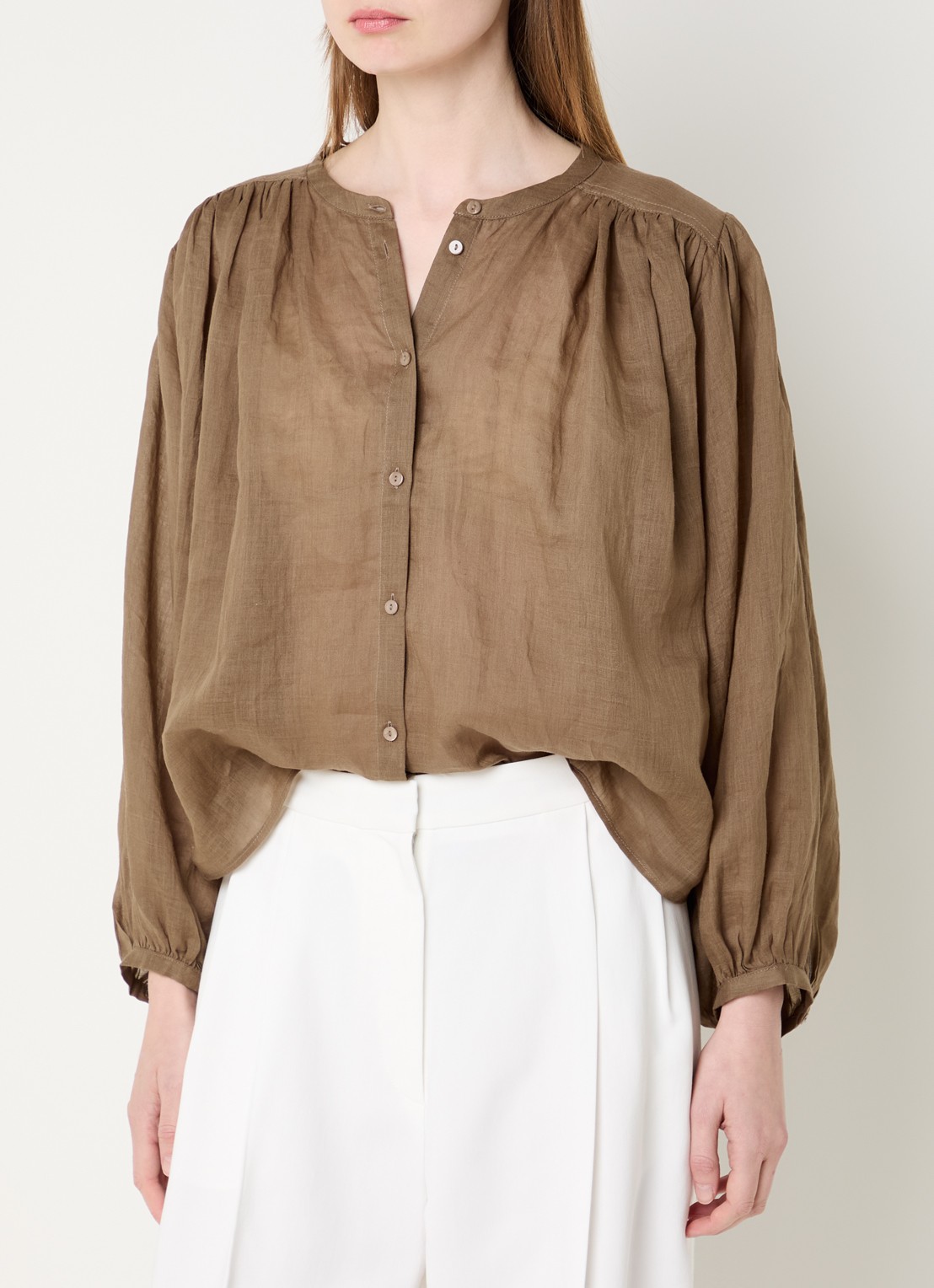Summum Semi-transparante blouse met pofmouw - detail bruin