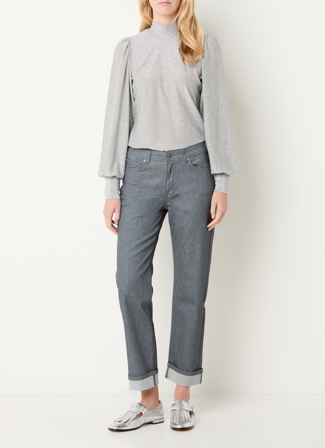 Summum Top met lurex en afneembare sjaalkraag - voorkant 2 lichtgrijs