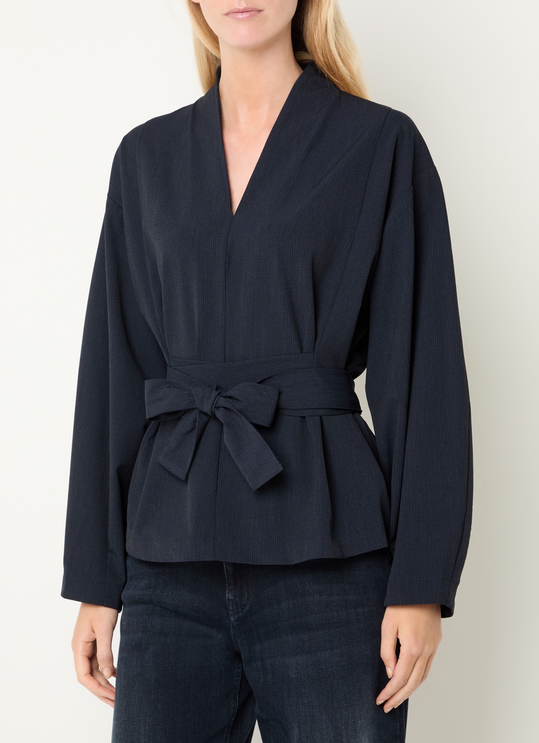 Summum Top met strikceintuur en streepprint - detail 3 donkerblauw