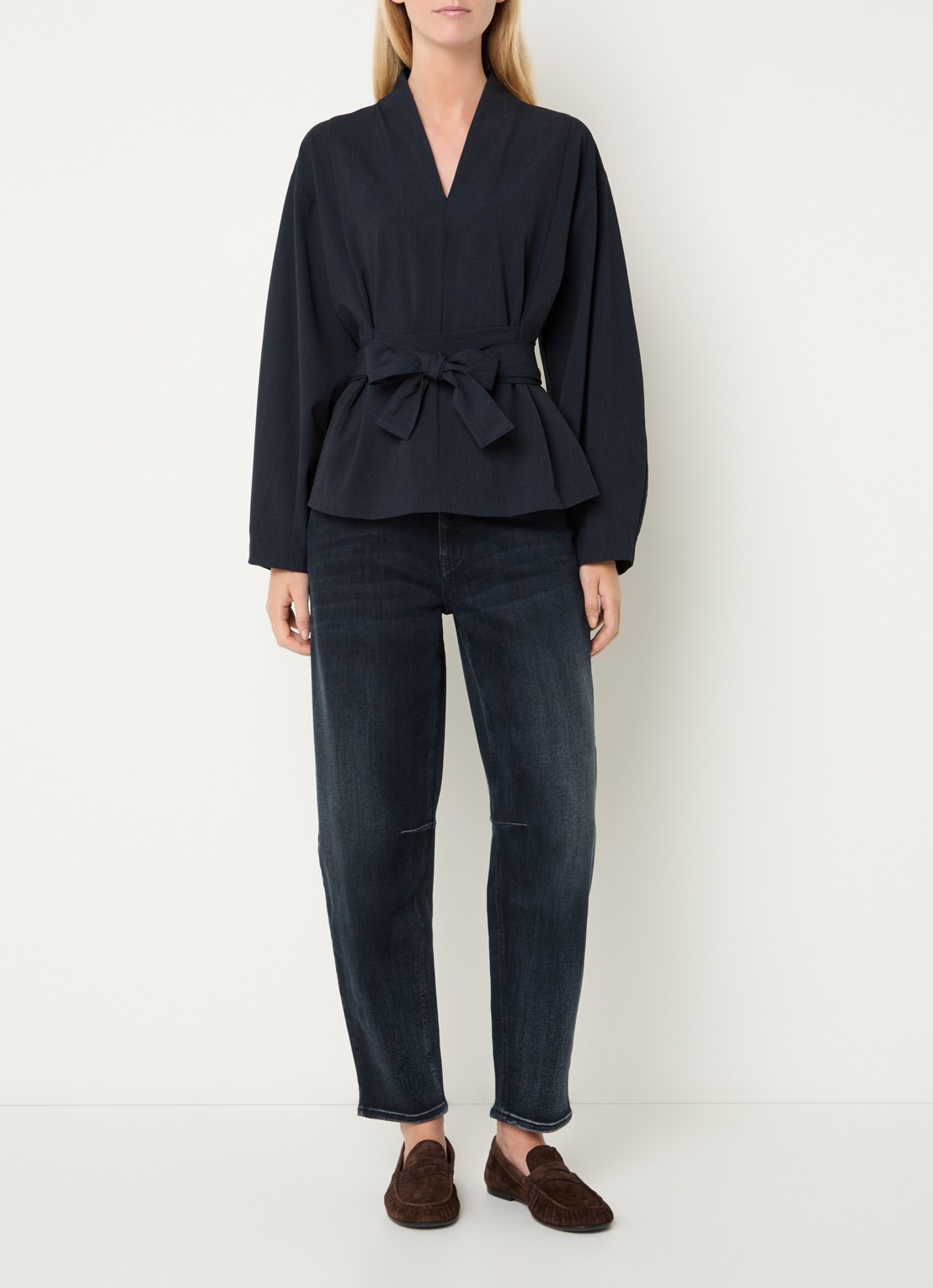 Summum Top met strikceintuur en streepprint - voorkant 2 donkerblauw