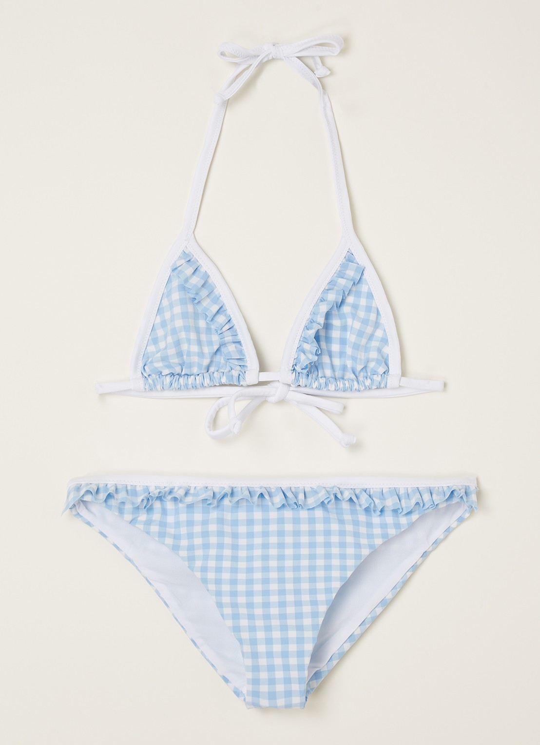Sundek Mini Malinda Bikini Met Rushes En Ruitdessin Lichtblauw De 