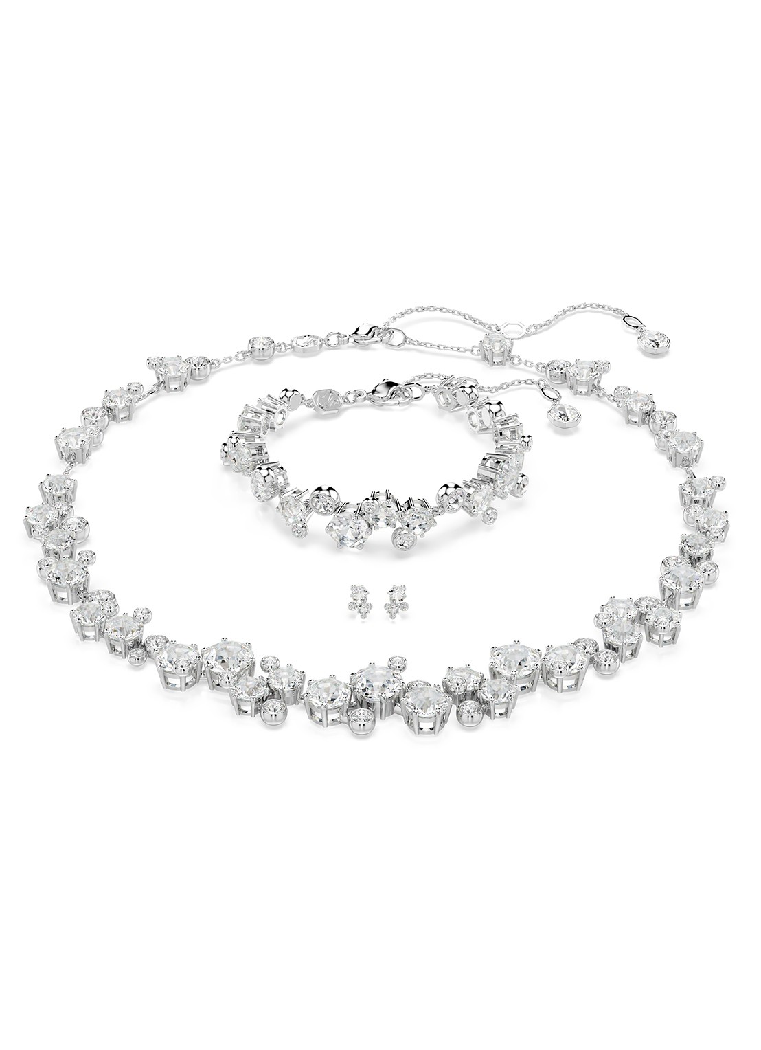 Swarovski Constella set van ketting, armband en oorstekers met kristal - voorkant zilver