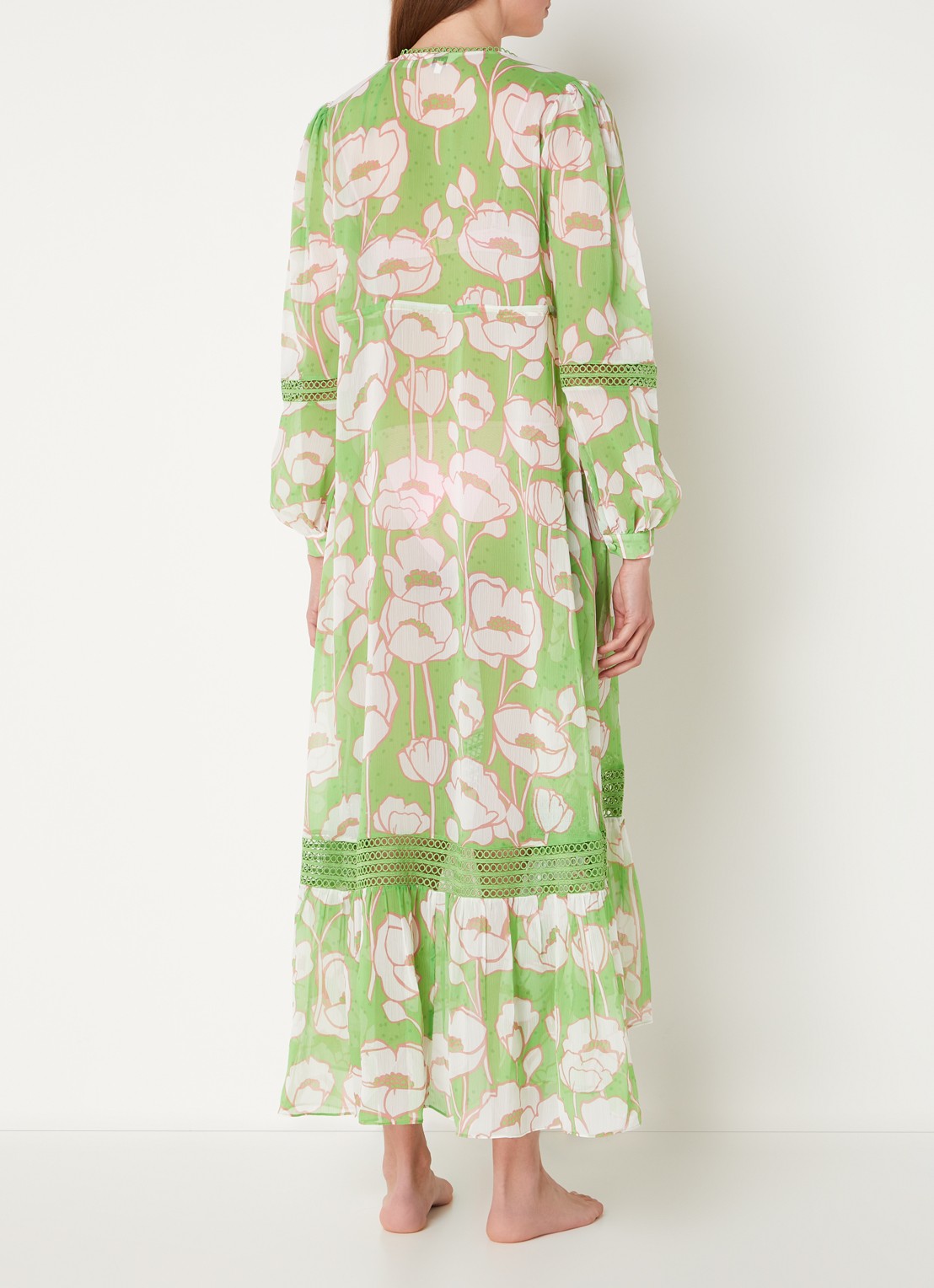 Ted Baker Elisiia maxi strandjurk met bloemenprint en opengewerkt dessin - achterkant 4 groen