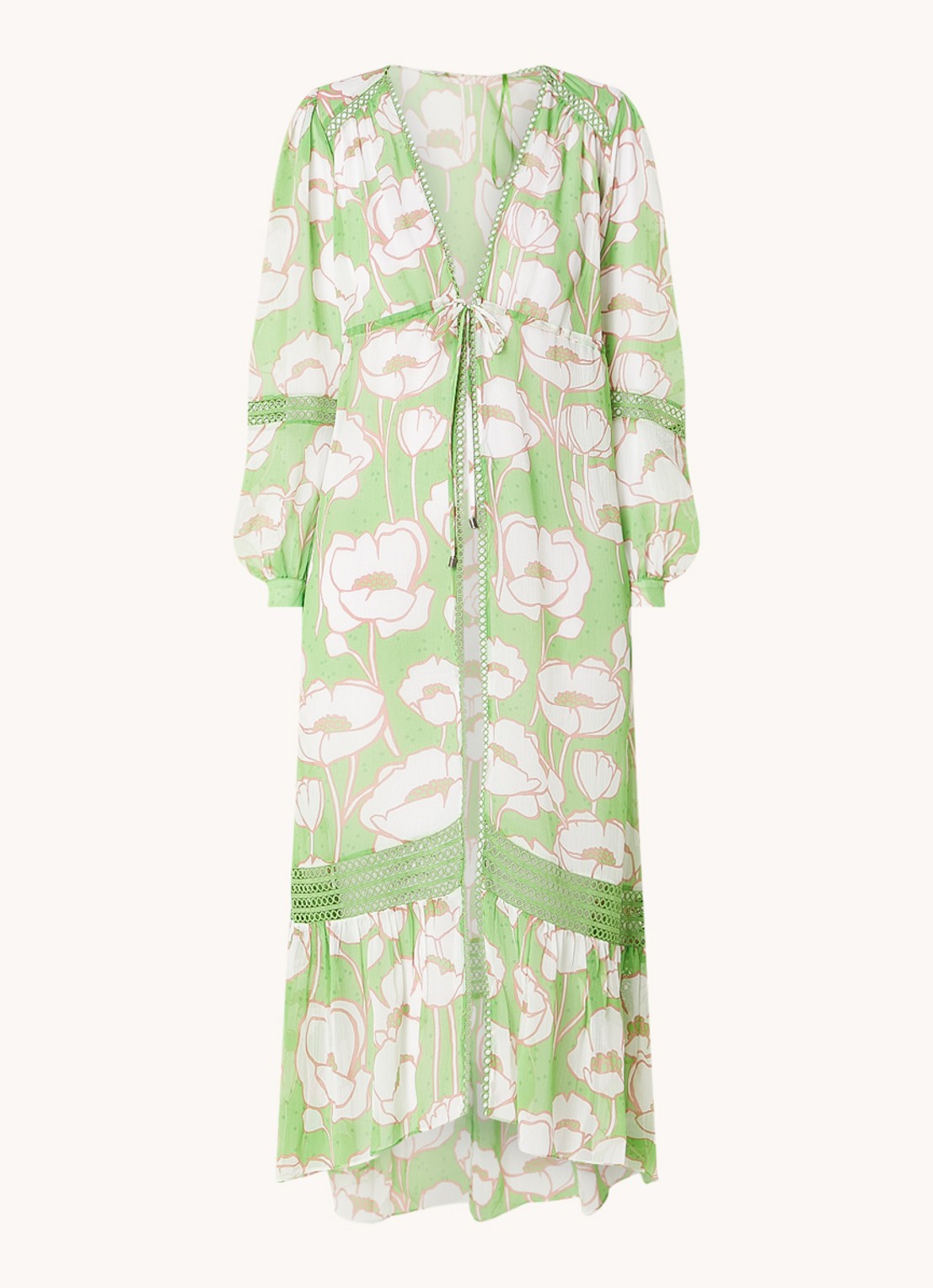 Ted Baker Elisiia maxi strandjurk met bloemenprint en opengewerkt dessin - voorkant groen