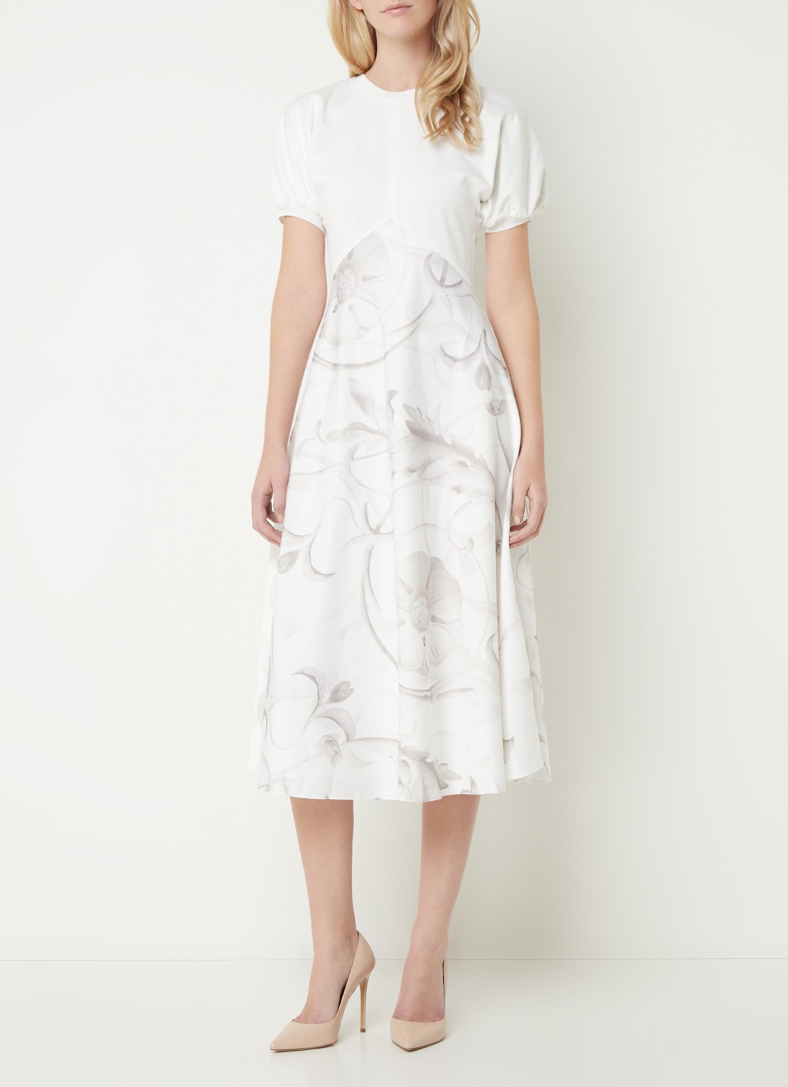 Ted Baker Magylee midi jurk met inzet van satijn en bloemenprint - detail 3 wit
