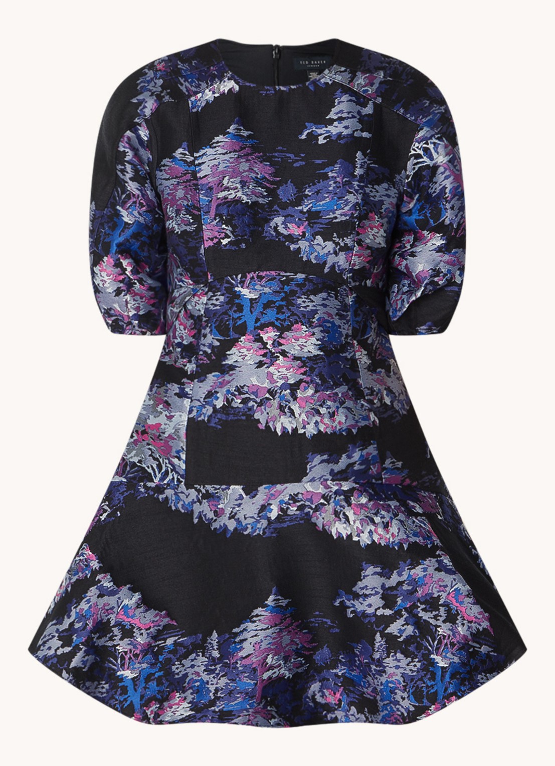 Ted Baker Midi A-lijn jurk met jacquard dessin en ballonmouw - voorkant zwart