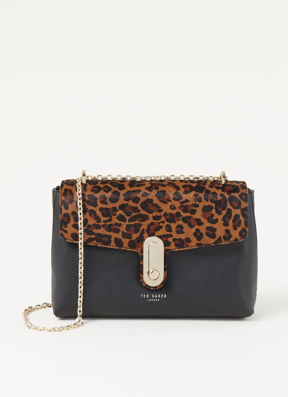 Ted Baker Naomeli schoudertas van leer met panterprint - voorkant zwart