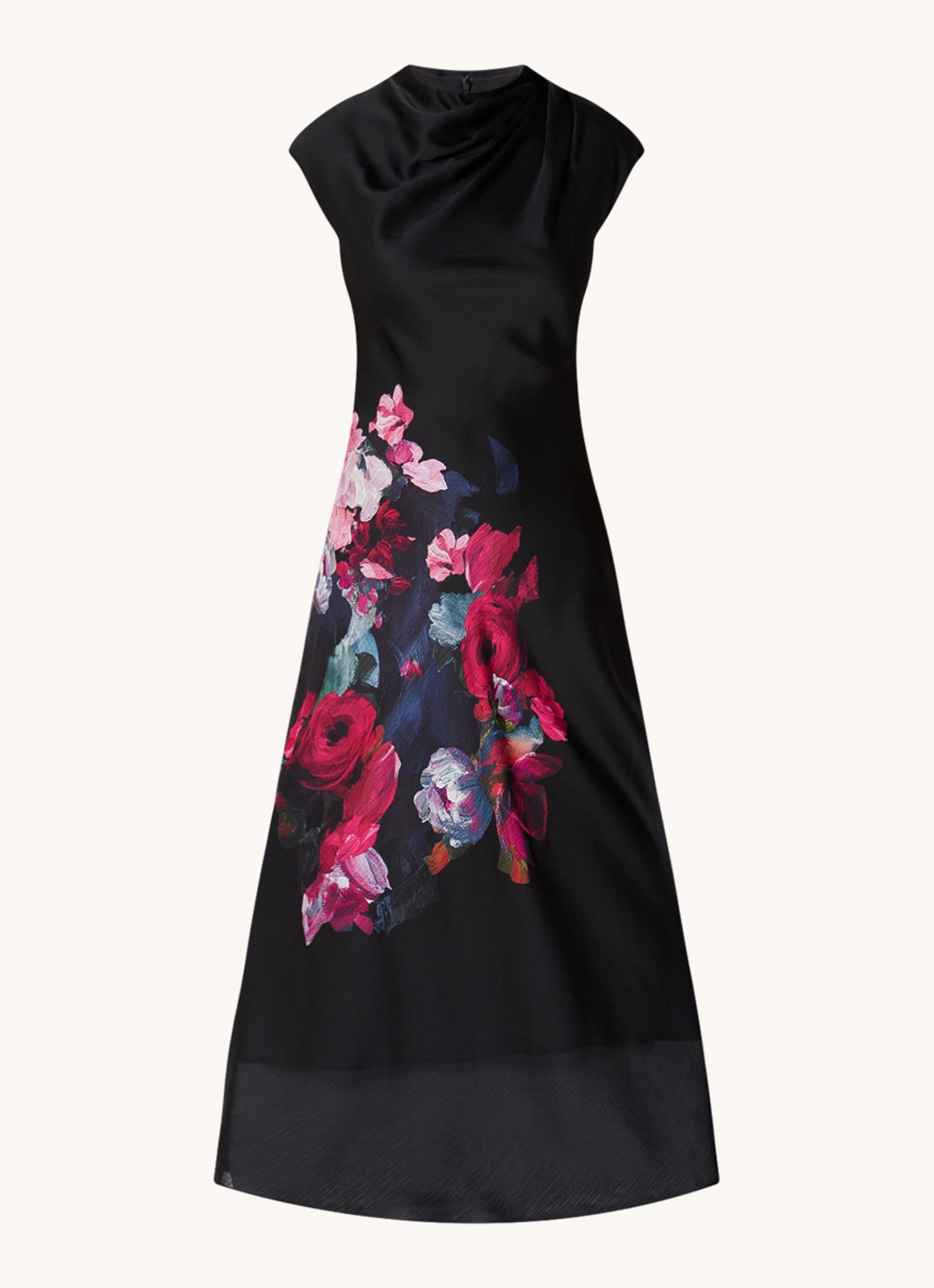 Ted Baker Rahelee mouwloze midi jurk van satijn met bloemenprint - voorkant 3 zwart