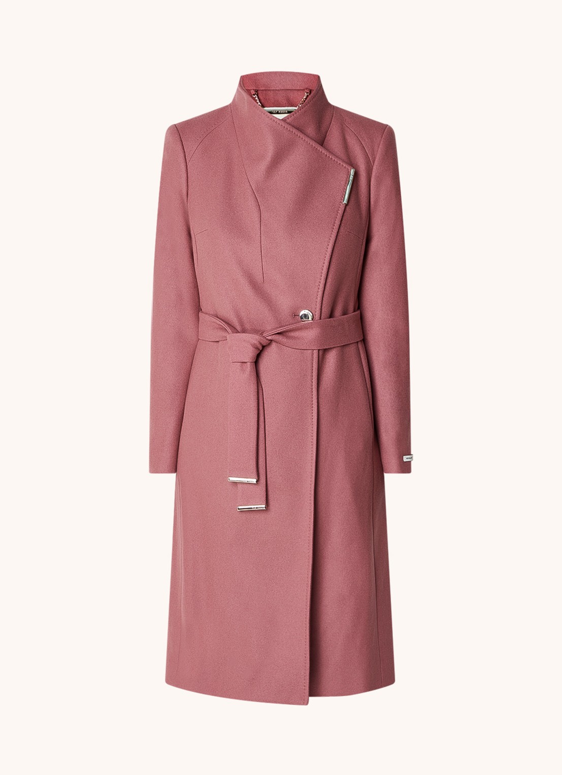 Ted Baker Rose mantel in kasjmierblend met strikceintuur - voorkant 2 oudroze