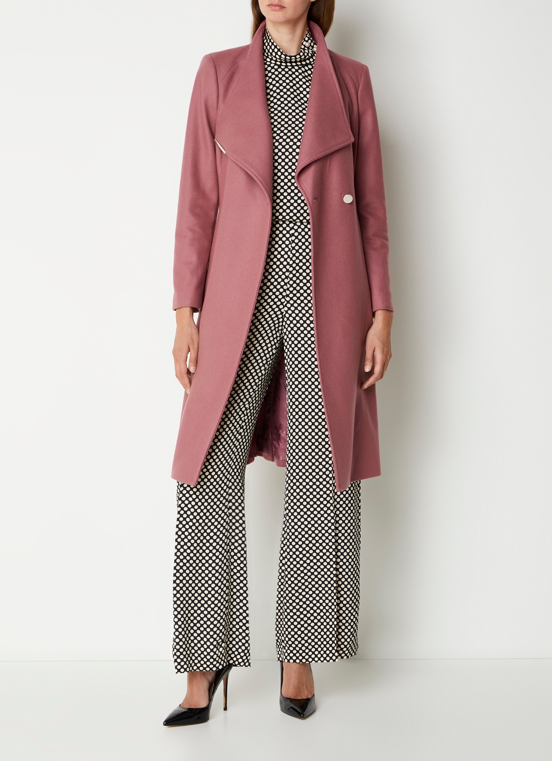 Ted Baker Rose mantel in kasjmierblend met strikceintuur - voorkant 3 oudroze