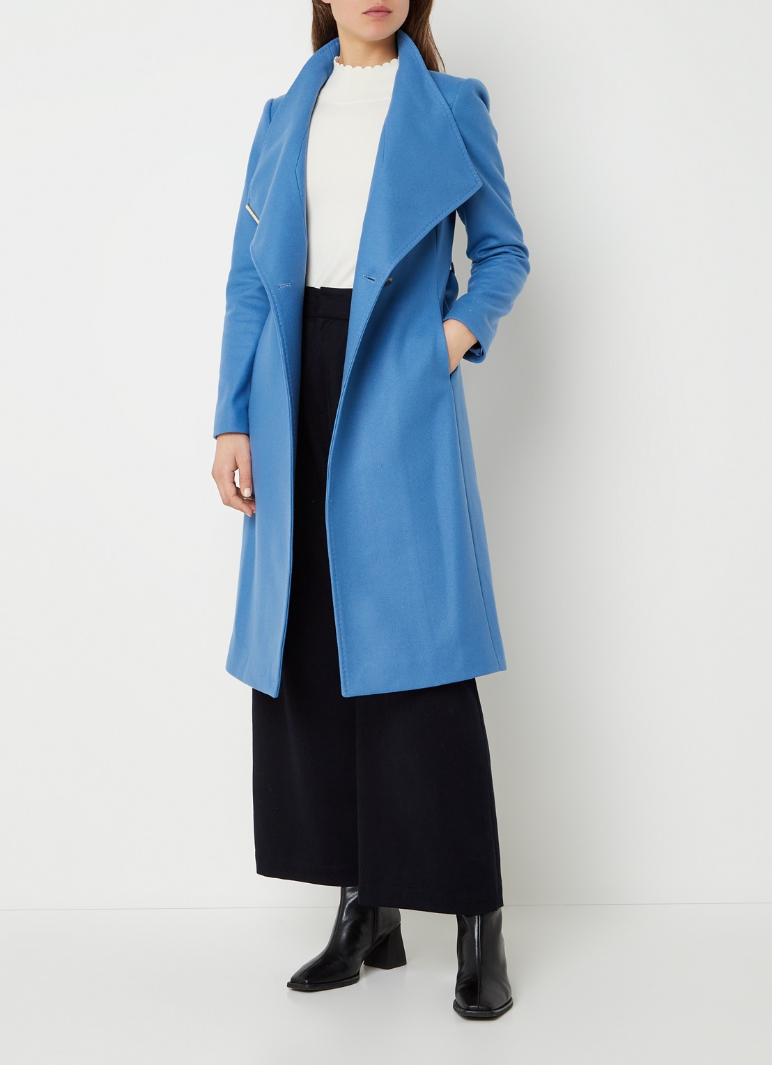 Ted Baker Rose mantel in kasjmierblend met strikceintuur - voorkant 3 middenblauw