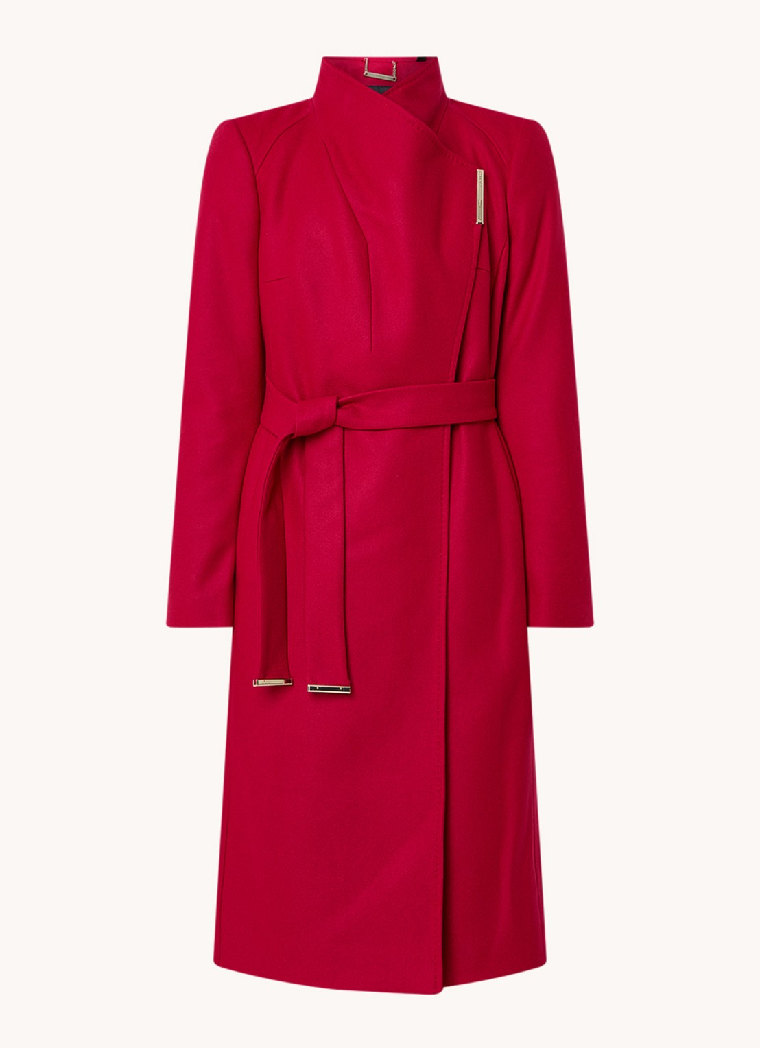 Ted Baker Rose mantel in kasjmierblend met strikceintuur - voorkant donkerroze