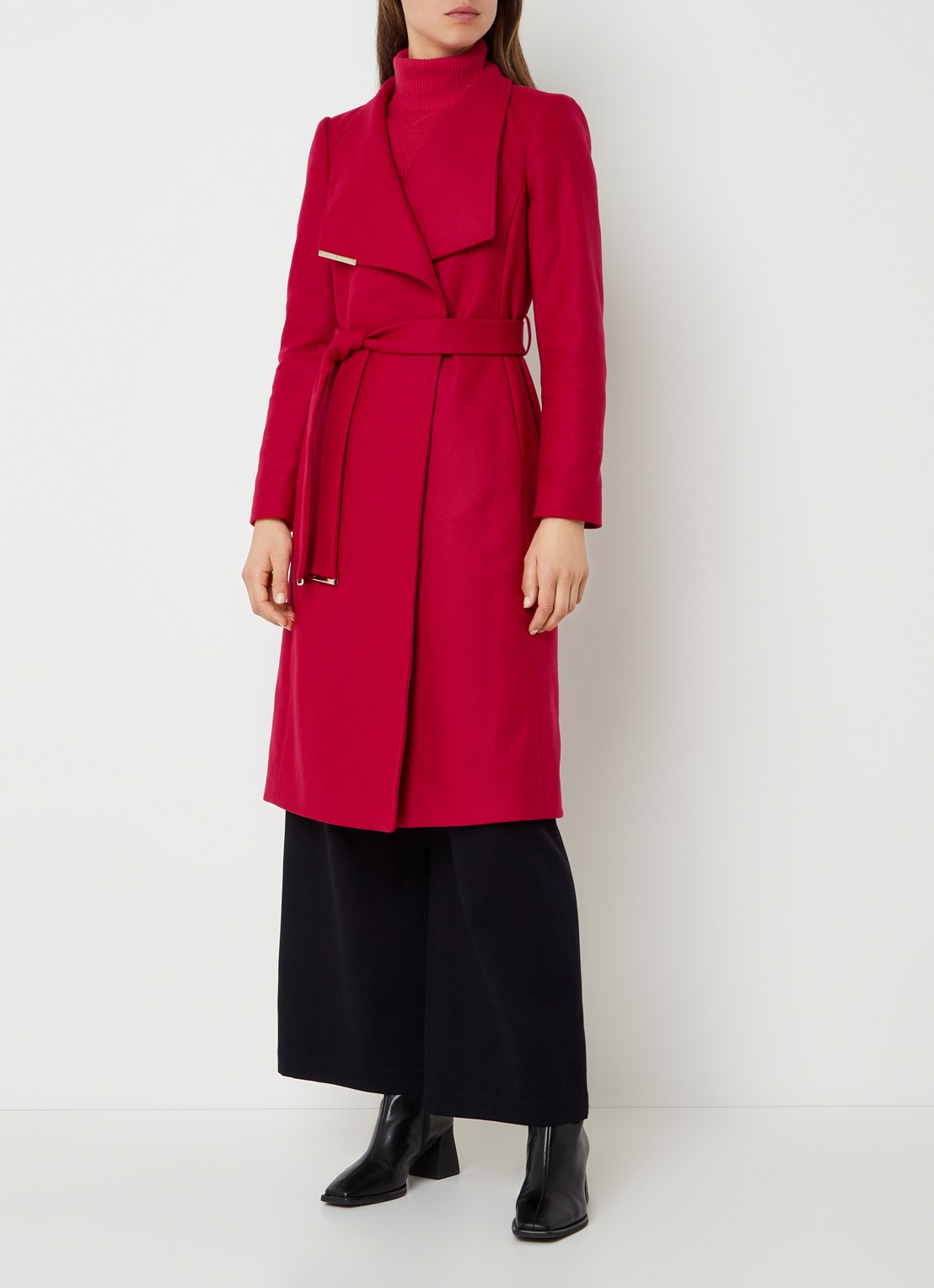 Ted Baker Rose mantel in kasjmierblend met strikceintuur - voorkant 2 donkerroze
