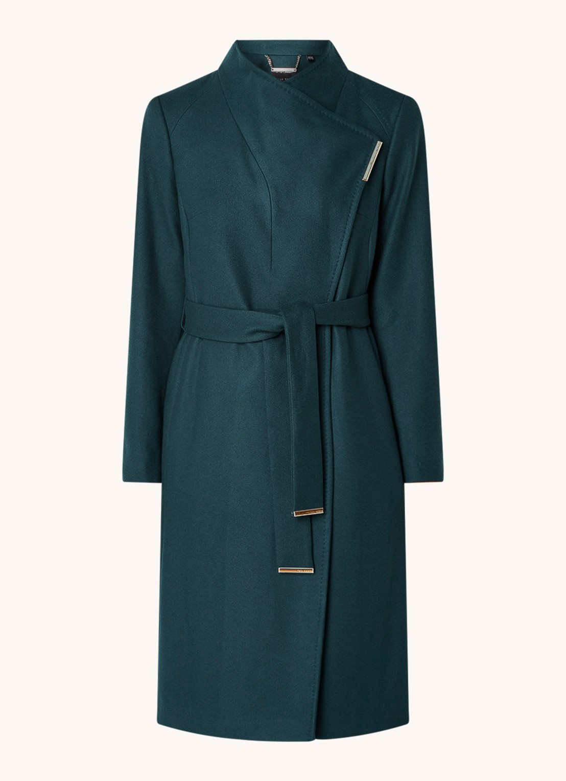 Ted Baker Rose mantel in kasjmierblend met strikceintuur - voorkant 2 petrol