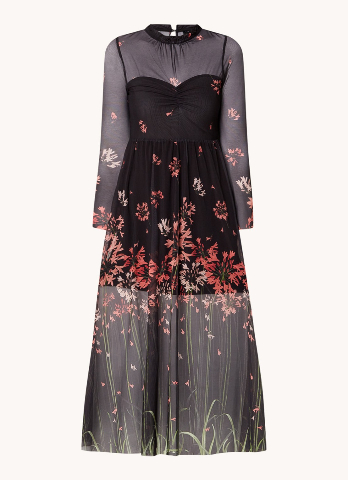 Ted Baker Susenaa midi jurk van mesh met bloemenprint - voorkant zwart