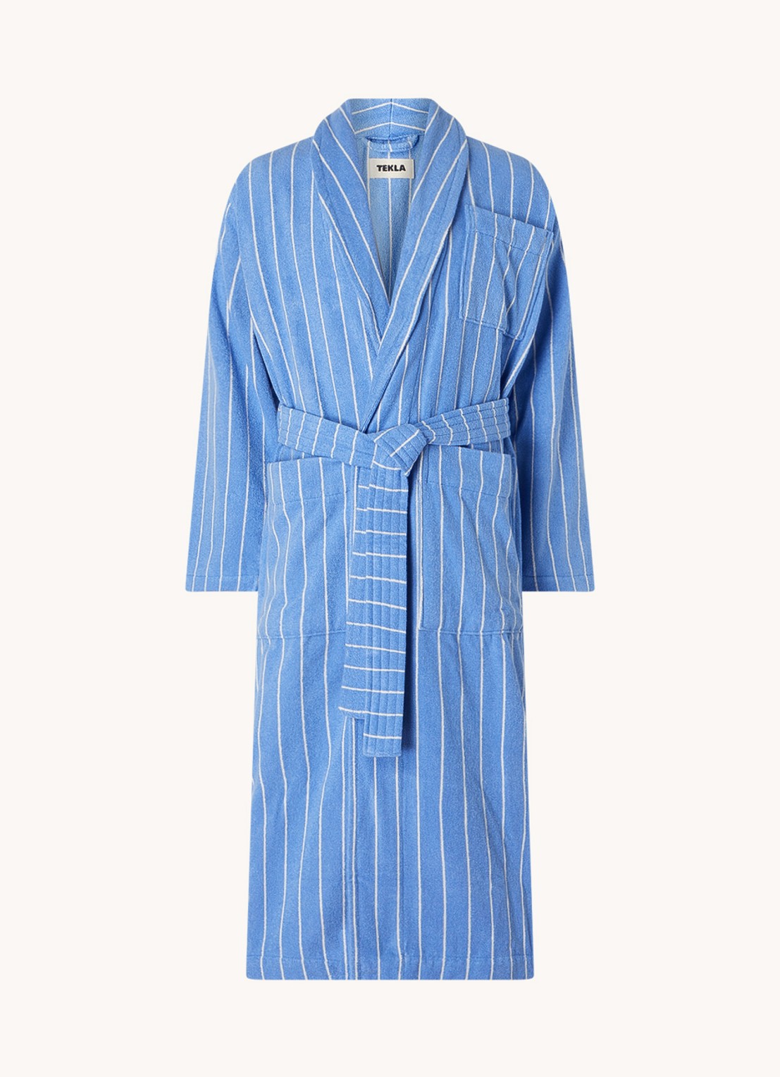 TEKLA Badjas van  katoen met streepprint - unisex - voorkant blauw