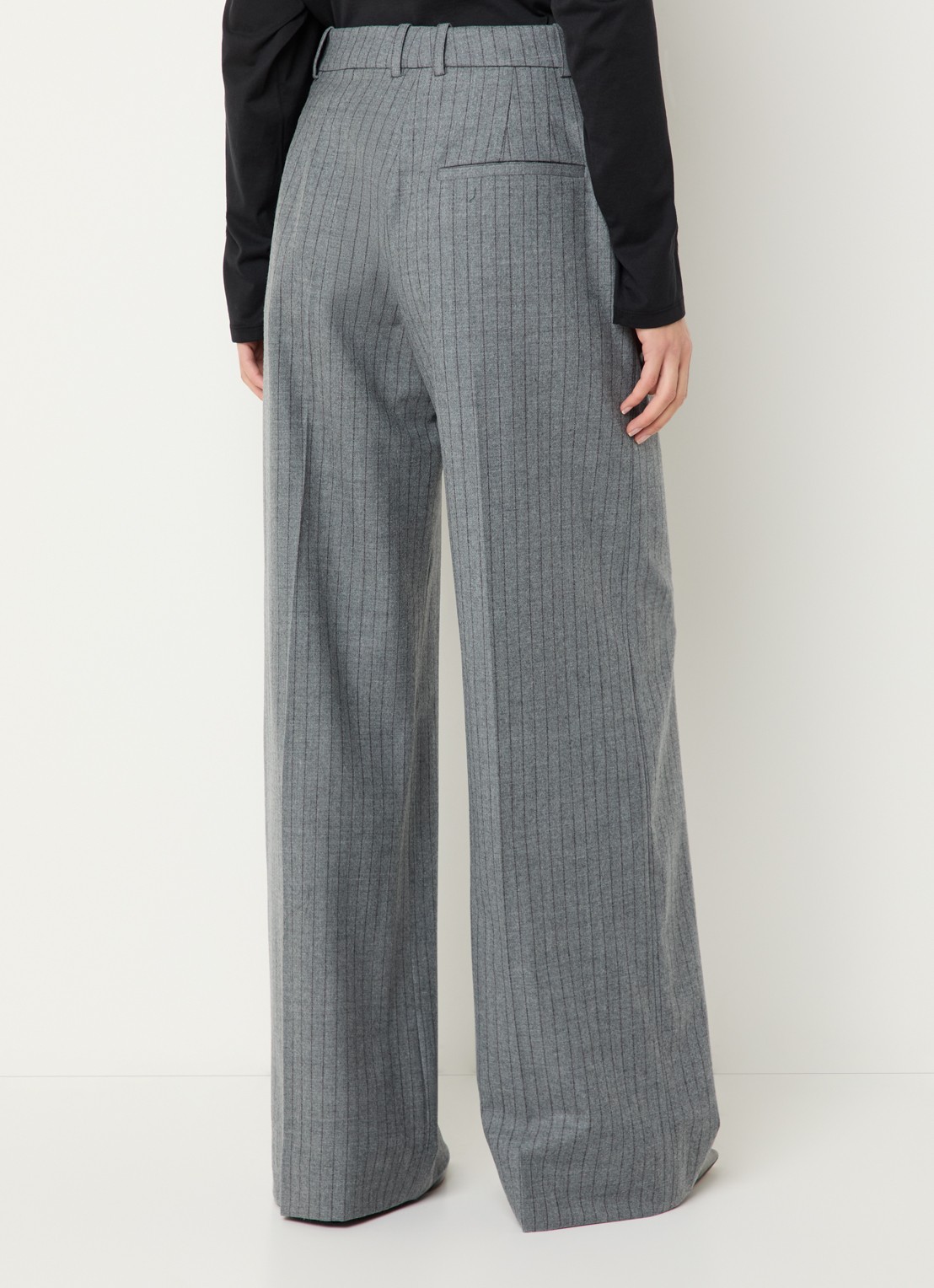 The Frankie Shop Brickell high waist wide fit pantalon van scheerwol met krijtstreep - achterkant 4 grijs