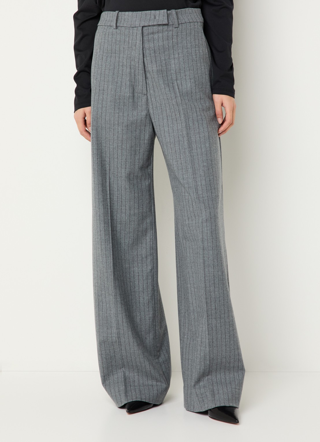 The Frankie Shop Brickell high waist wide fit pantalon van scheerwol met krijtstreep - detail 3 grijs