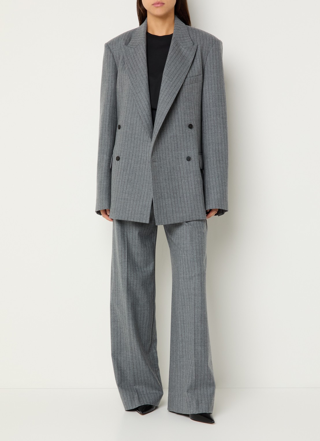 The Frankie Shop Brickell high waist wide fit pantalon van scheerwol met krijtstreep - voorkant 2 grijs