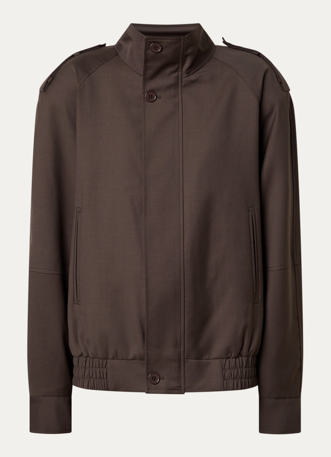 The Frankie Shop Kelly bomberjack in wolblend met schoudervulling en opstaande kraag - voorkant donkerbruin