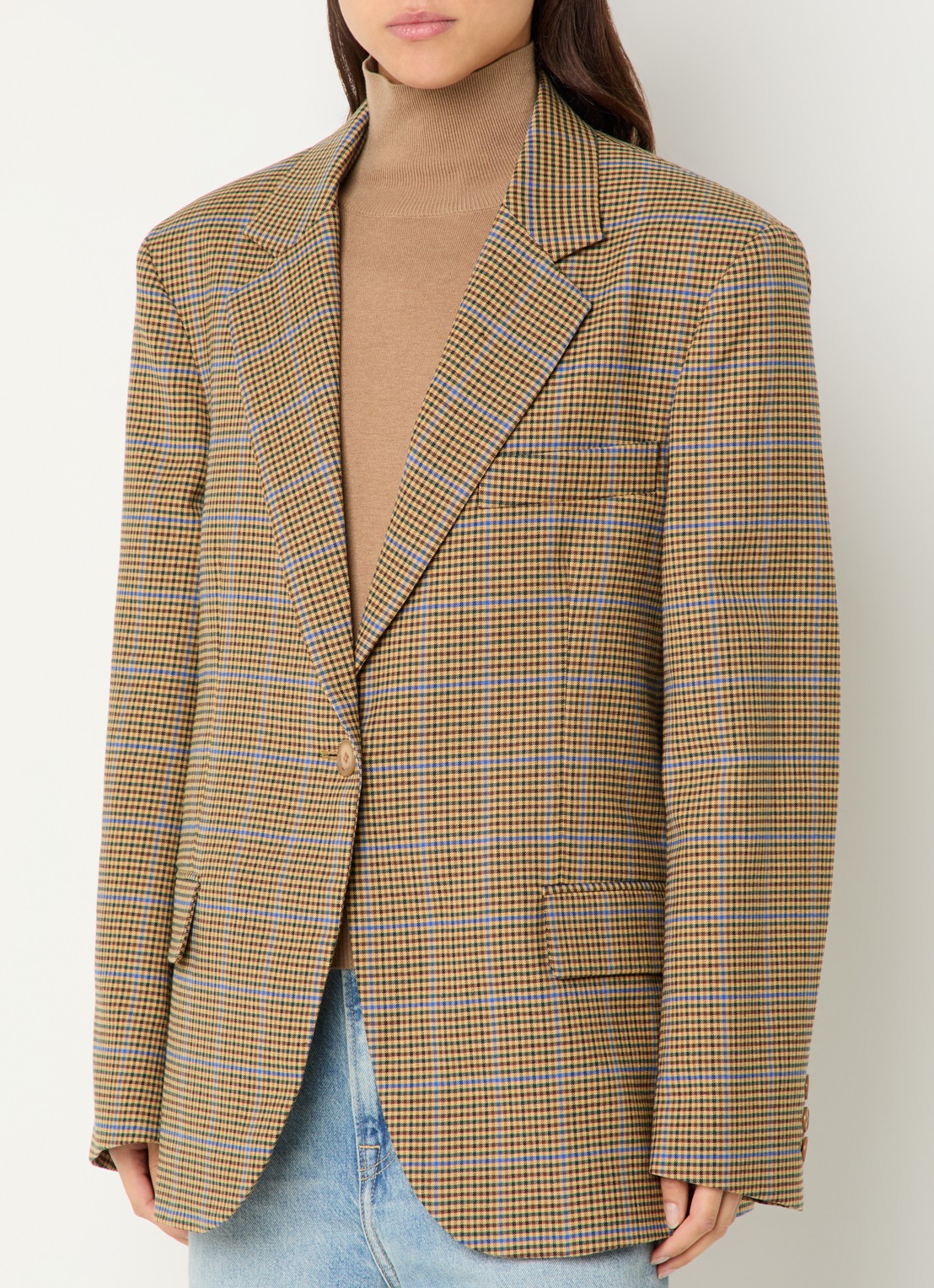 The Frankie Shop Lyra oversized blazer in wolblend met pied-de-poule dessin - detail 2 camel