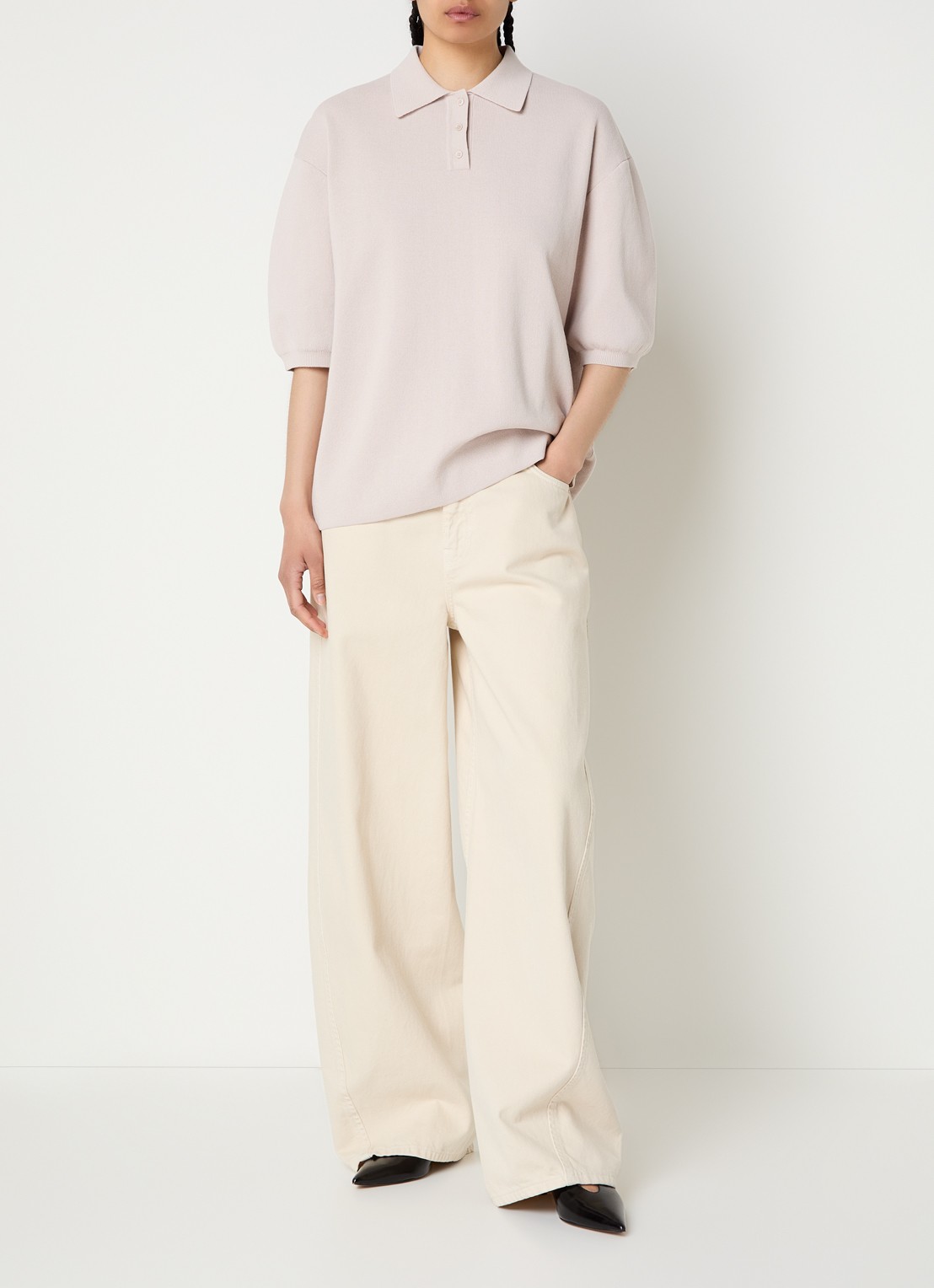 The Frankie Shop Nola fijngebreide oversized polo - voorkant 4 lichtgrijs