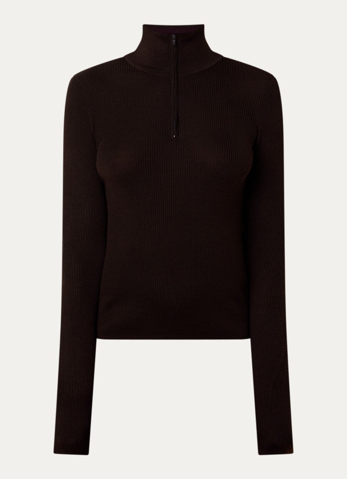 The Frankie Shop Sade fijngebreide pullover in wolblend met halve rits - voorkant 4 donkerbruin