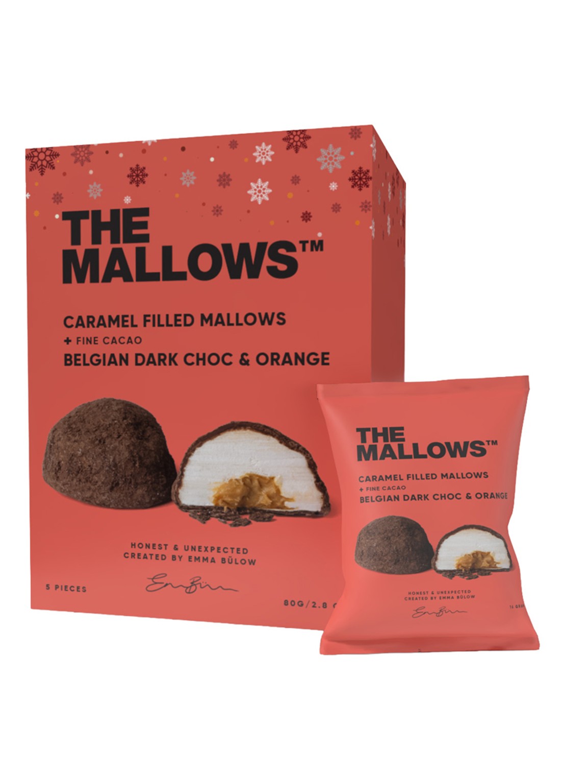 The Mallows Caramel-filled Mallows, Orange Dark Chocolate 80 gram - voorkant beige
