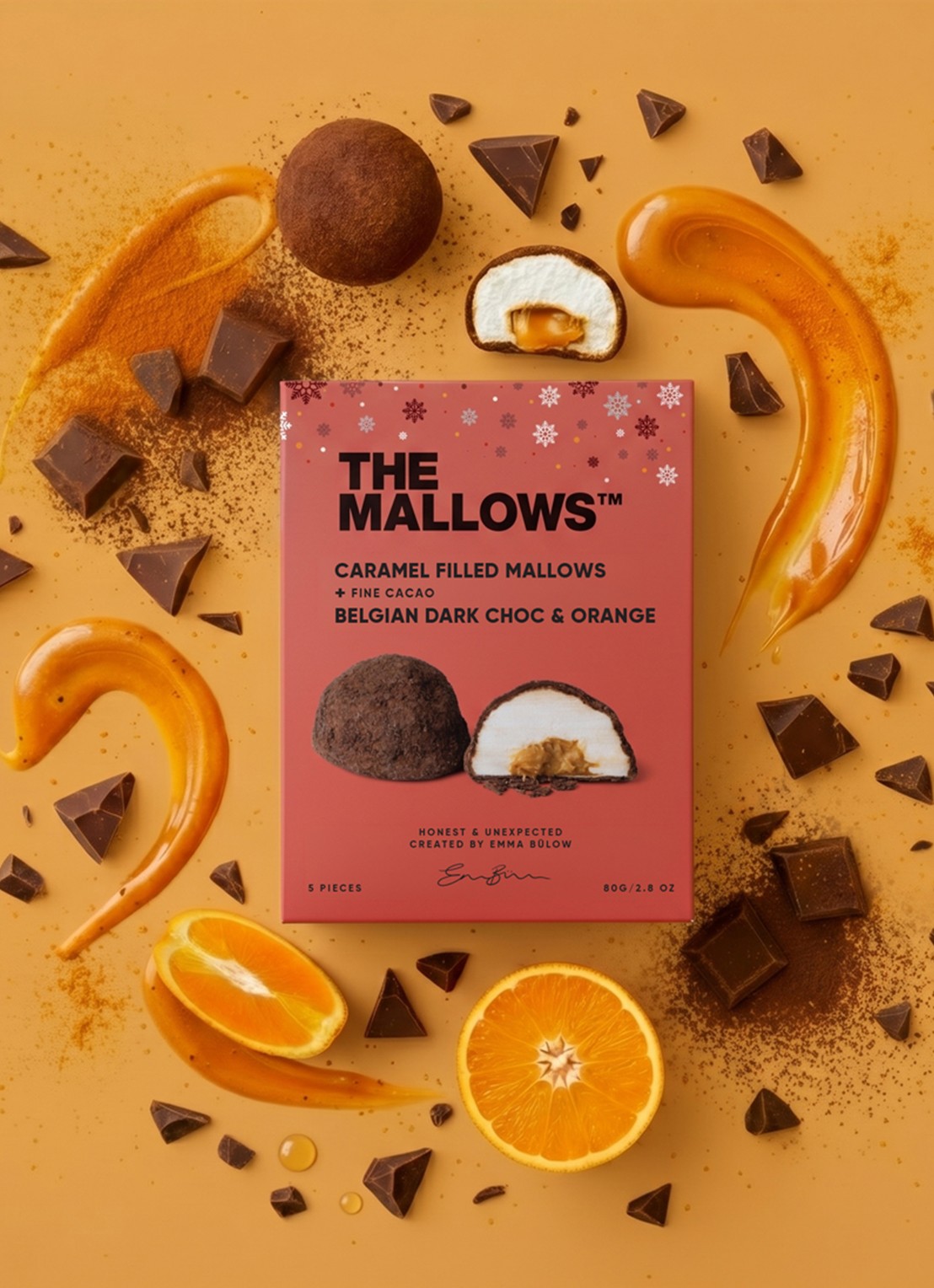 The Mallows Caramel-filled Mallows, Orange Dark Chocolate 80 gram - voorkant 2 beige