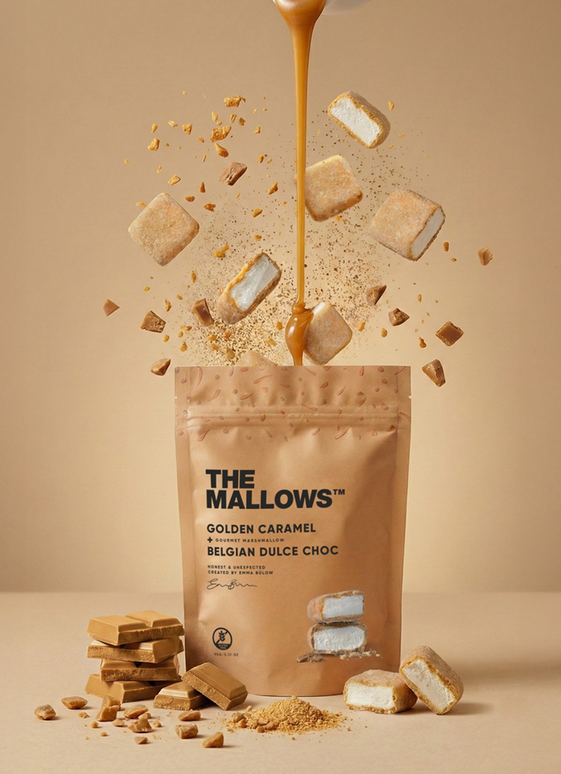 The Mallows Gourmet Mallows Golden Caramel 90 gram - voorkant 2 beige