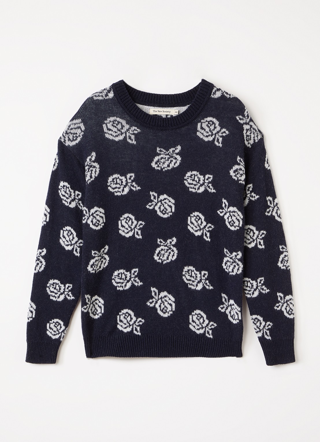 The New Society Fleckers grofgebreide trui met ingebreid patroon - voorkant 2 donkerblauw