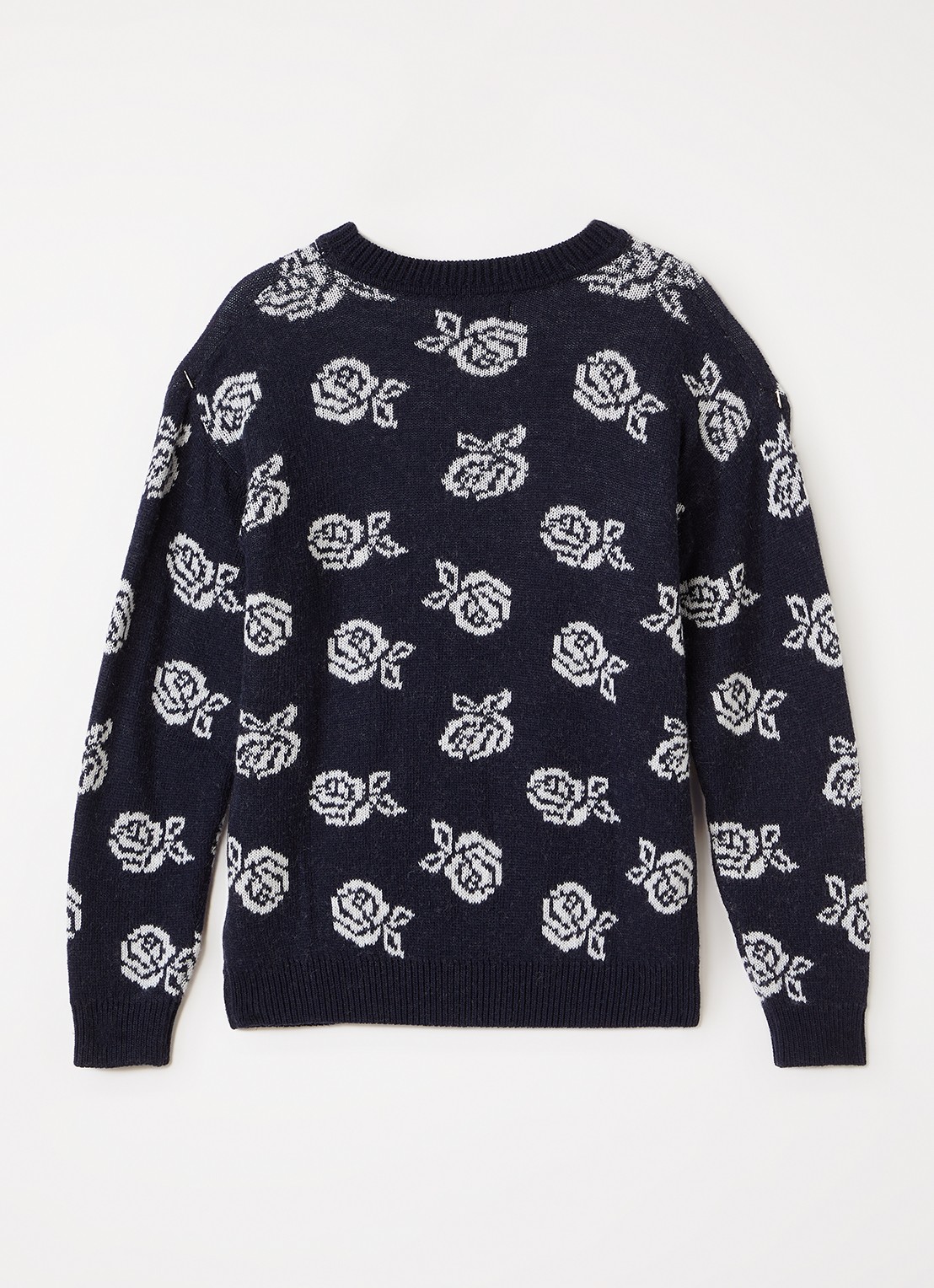 The New Society Fleckers grofgebreide trui met ingebreid patroon - voorkant 3 donkerblauw