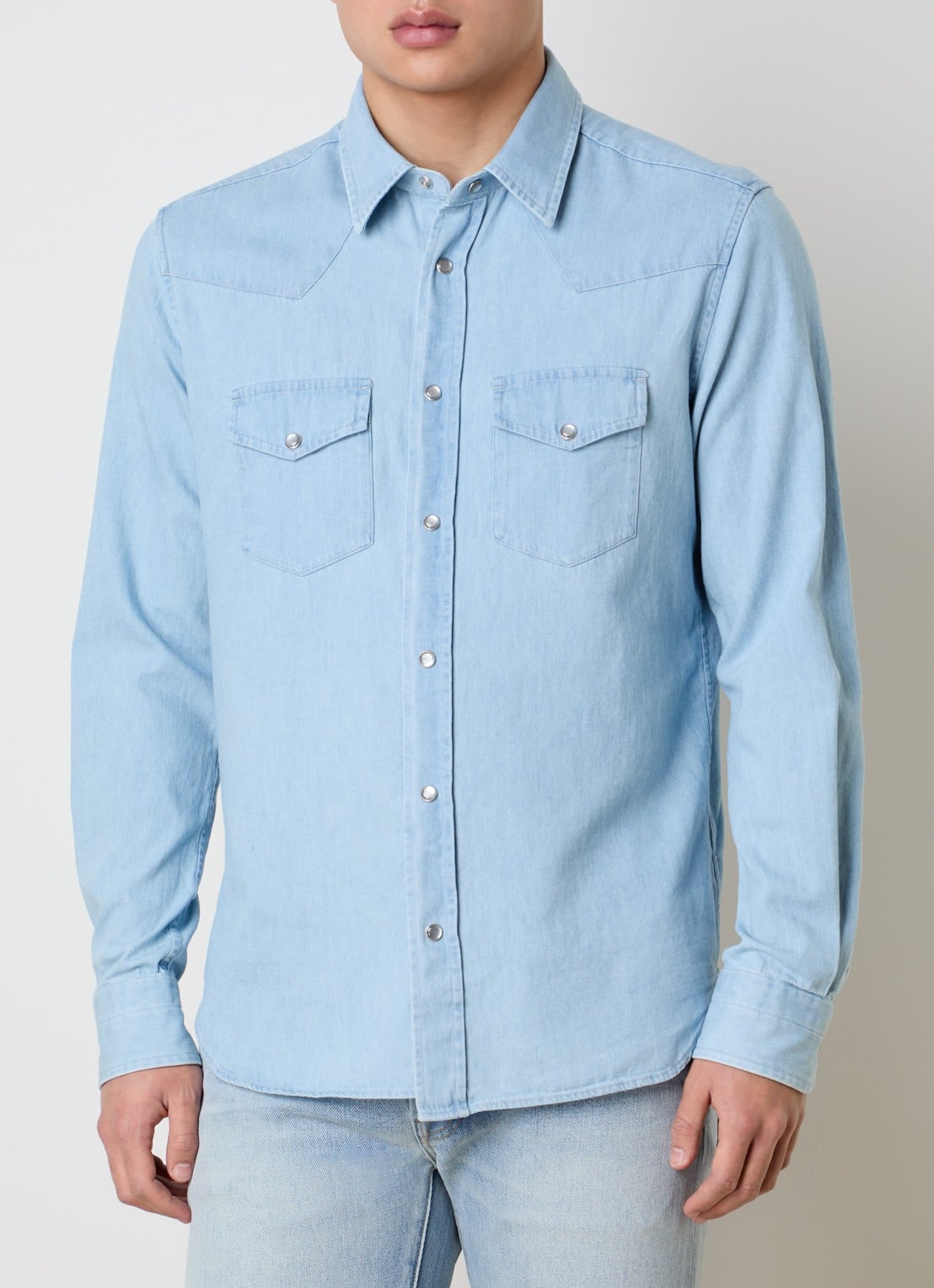 TOM FORD Regular fit overhemd van chambray met borstzakken - detail 4 lichtblauw