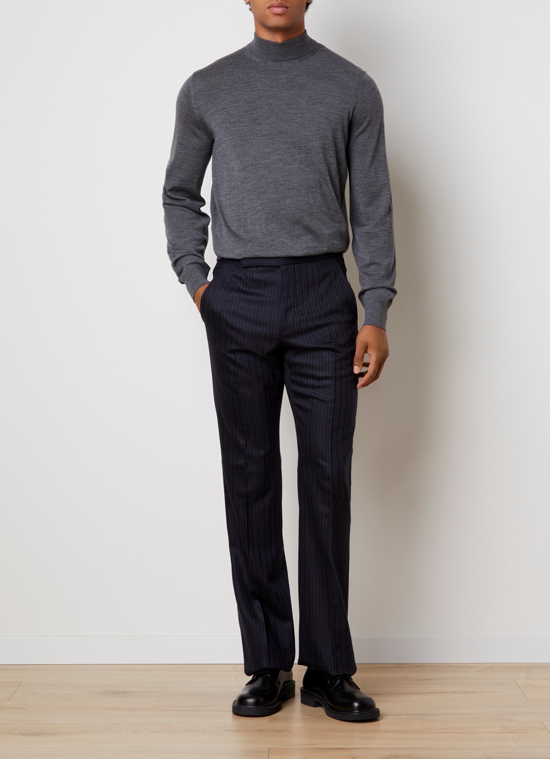 TOM FORD Straight fit pantalon van wol met streepprint en steekzakken - voorkant 2 donkerblauw