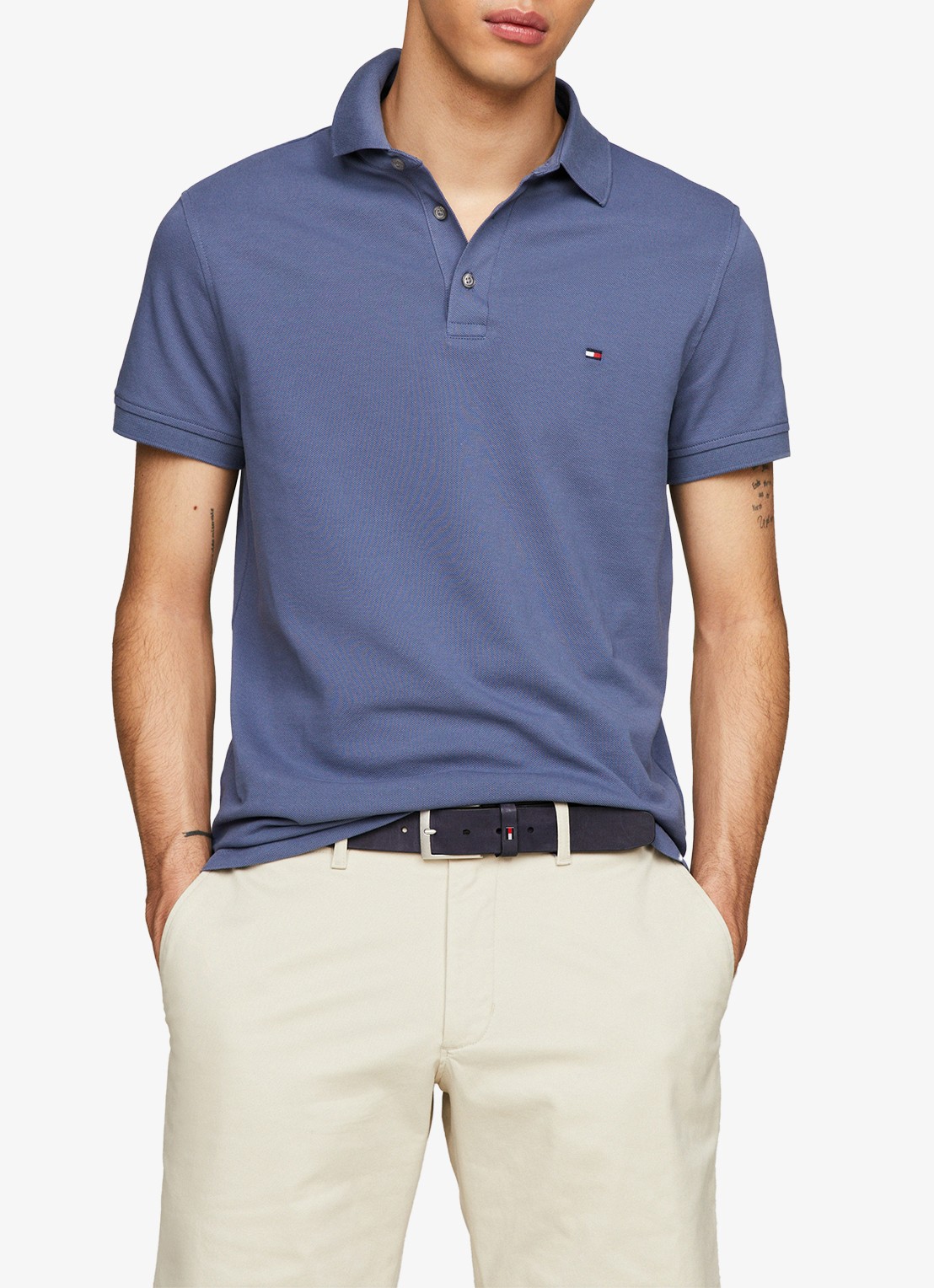 Tommy Hilfiger 1985 slim fit polo met logoborduring - detail faded indigo / blauw