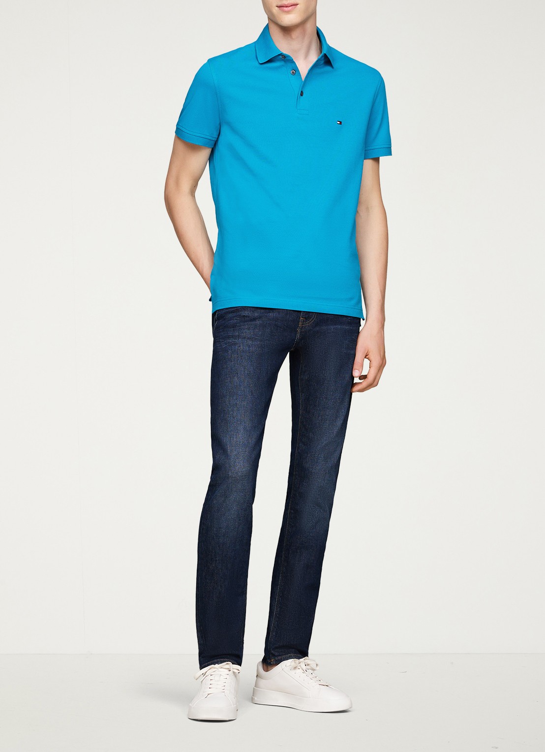 Tommy Hilfiger 1985 slim fit polo met logoborduring - voorkant 5 surf blue / blauw