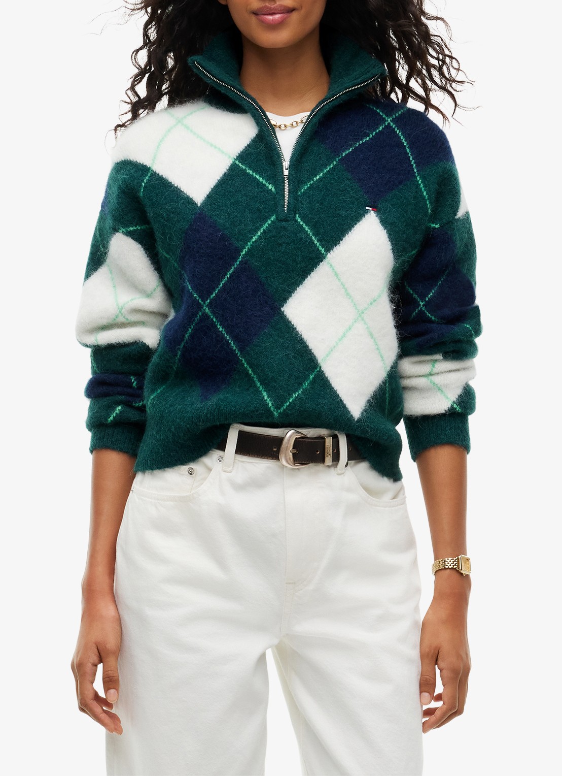 Tommy Hilfiger Alpaca Blend Fluffy Cropped Quarter-Zip Jumper - detail petrol