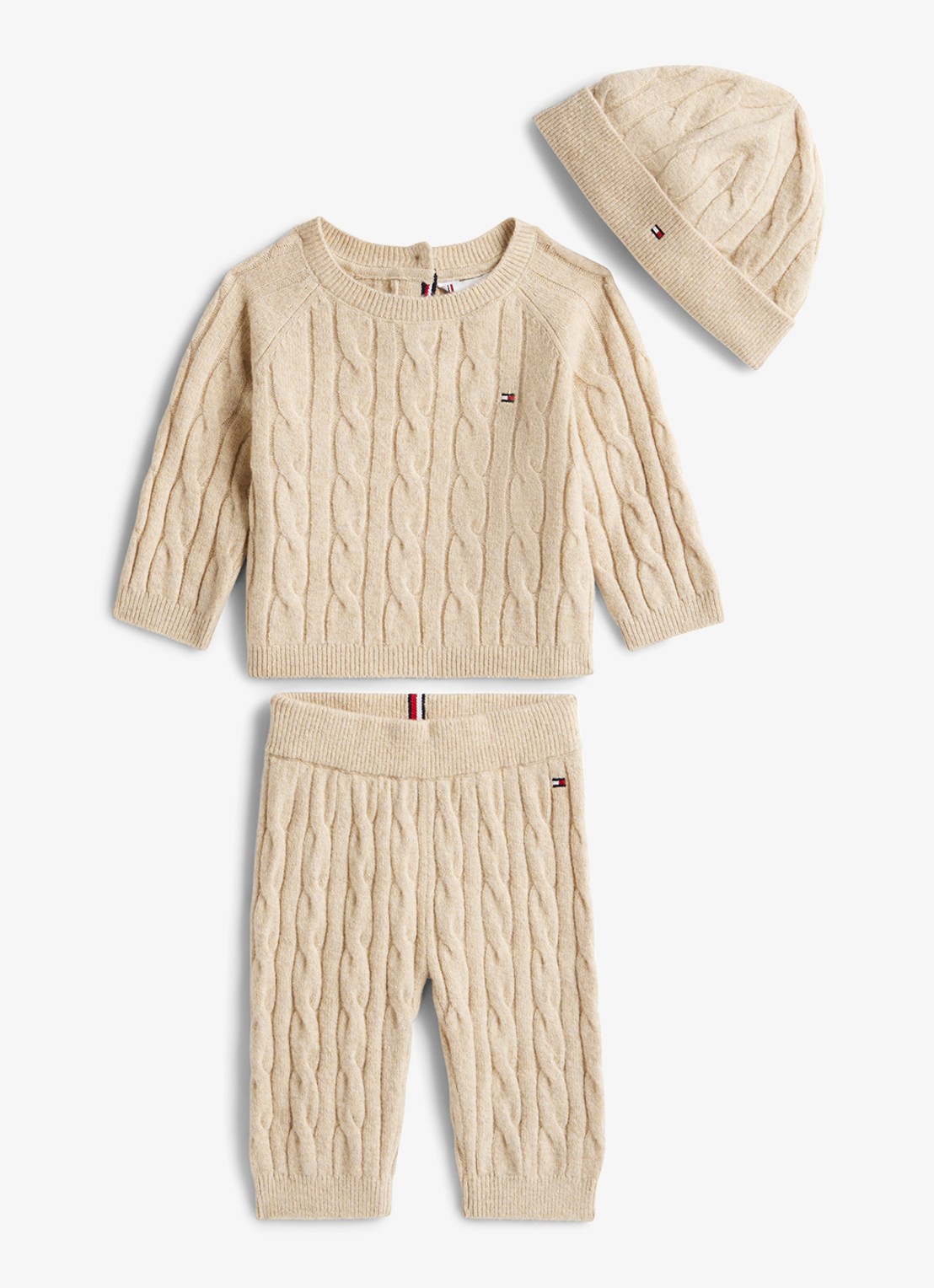 Tommy Hilfiger Babyset met trui, broek en muts 3-delig - voorkant beige