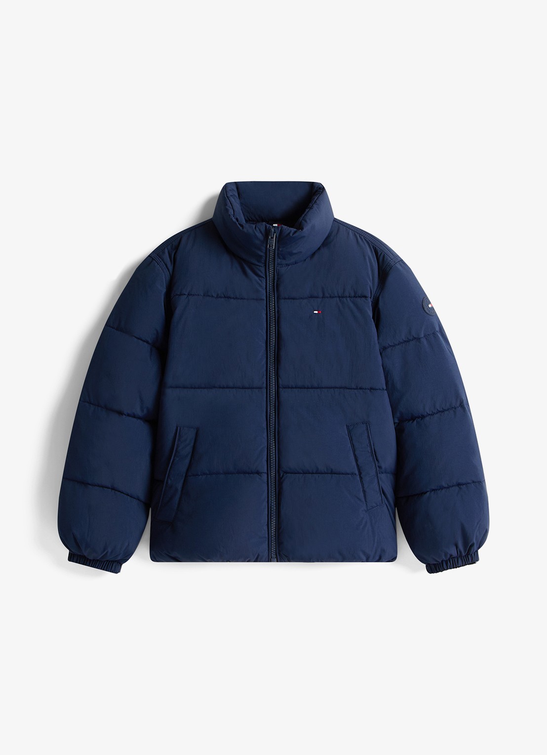 Tommy Hilfiger Back Flag puffer jas met logo - voorkant donkerblauw