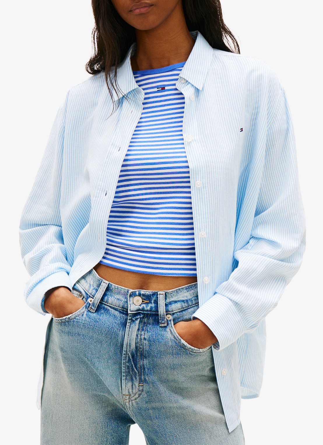 Tommy Hilfiger Blouse in linnenblend met streepprint - detail lichtblauw