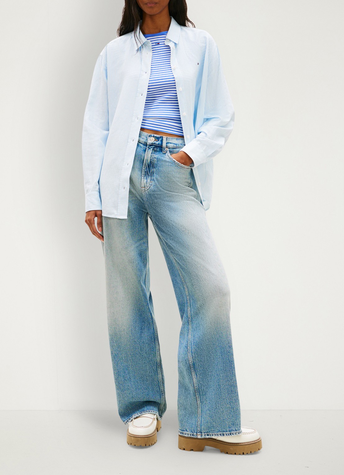 Tommy Hilfiger Blouse in linnenblend met streepprint - voorkant 5 lichtblauw