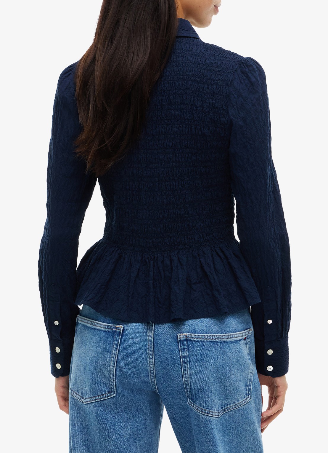 Tommy Hilfiger Blouse met smockwerk en peplum  - achterkant 3 donkerblauw