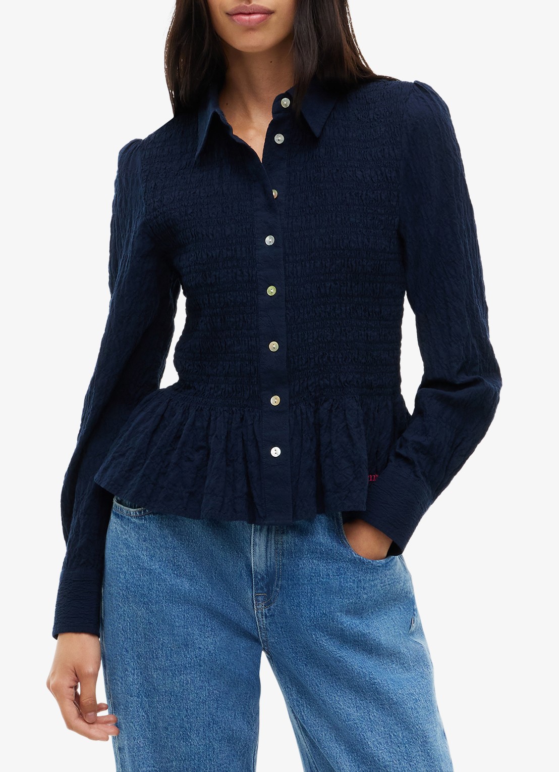 Tommy Hilfiger Blouse met smockwerk en peplum  - detail 4 donkerblauw