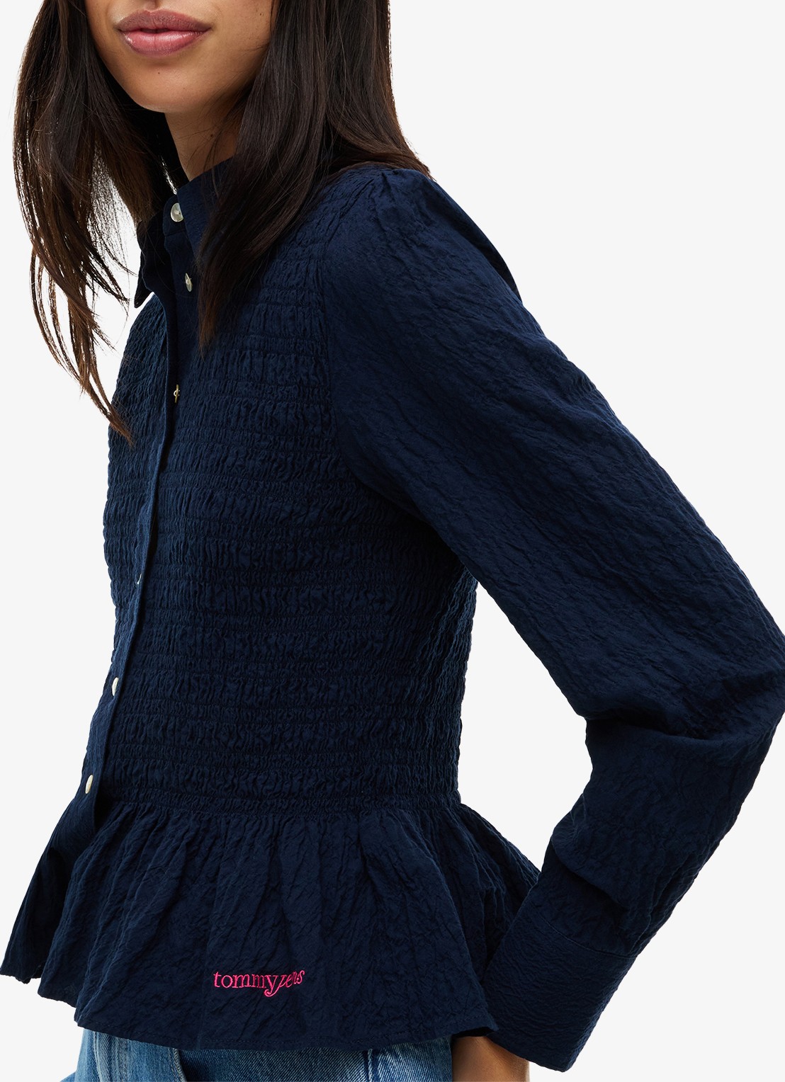 Tommy Hilfiger Blouse met smockwerk en peplum  - detail 5 donkerblauw